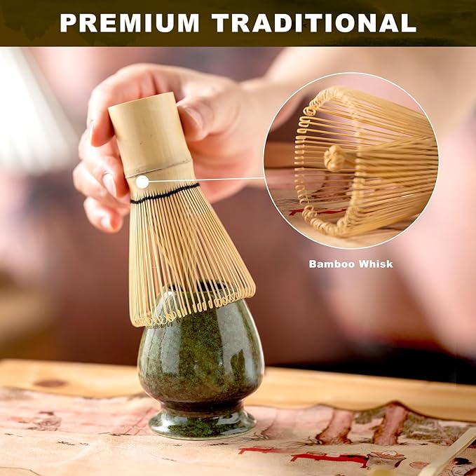 Matcha Whisk Set,(8Pcs) Includes Ceramic Matcha Bowl, Whisk, Holder, Scoop and Spoon, Rest, Sifter, Tea Towel,Traditional Tea Ceremony Set Gift