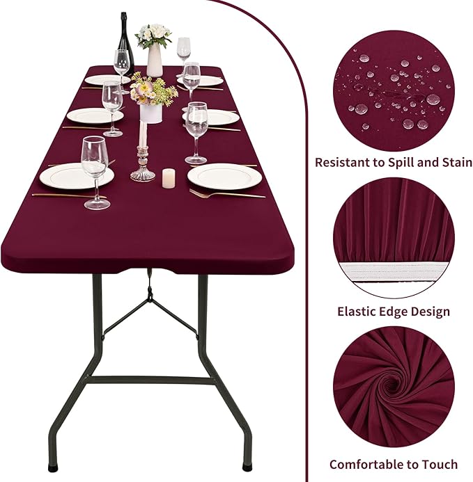 10 Pack Fitted Tablecloth for 8 Foot Rectangle Tables, Wine Red Elastic Outdoor Picnic Table Cover, Washable Stretch Folding Table Cloths 8 ft for Camping Party Patio Kitchen Banquet, 30" W x 96" L