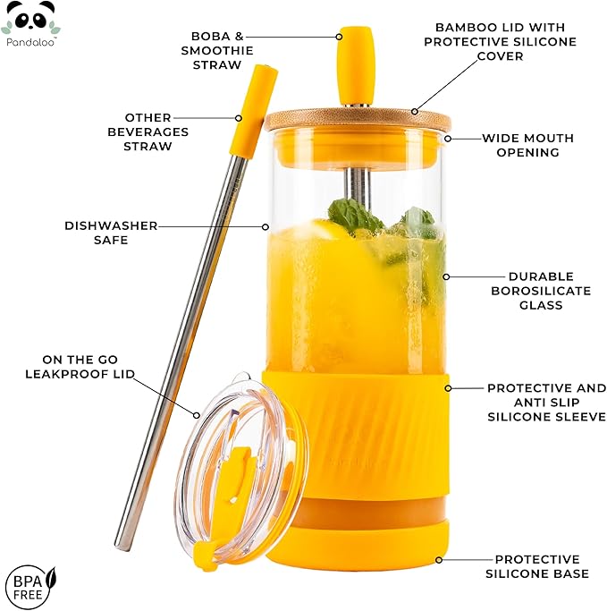 Pandaloo® Glass Cups With Lids and Straws -20 Fl Oz- Perfect Size Iced Coffee Cup - Smoothie Cup With Bamboo Lid and On the go Lid - Glass Tumbler With Straw (1 Count (Pack of 1), Maracuja Dream)