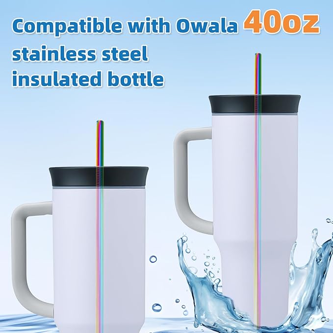 Stainless Steel Straws for Owala Insulated Bottle 40oz Tumbler 6x Metal Replacement Straws 8mm with Cleaning Brush for Owala 40oz (Colorful, 6x Straight 8mm)