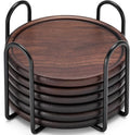 Wood Coasters with Metal Holder, GOH DODD Set of 6 Walnut Wooden Coaster Tabletop Protection for Drinks Coffee Table Home Kitchen Office Bar Living Room Decor Housewarming Gifts Wedding Party, 4 Inch