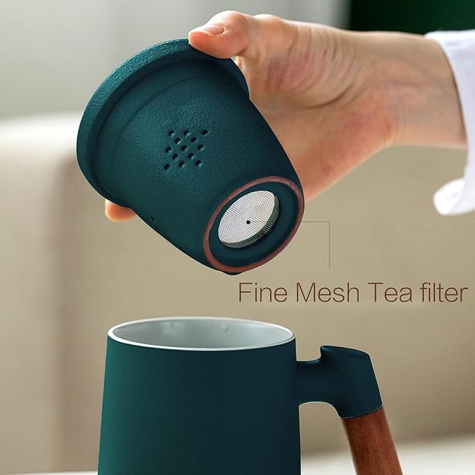 ZENS Tea Cup with Infuser and Lid, 12oz Green Tea Mug for Loose Leaf Tea Steeper, Wood Handle Tea Cup with Fine Tea Strainers Hot Diffusers, Ceramic Mugs Accessories for Tea Lovers Gifts