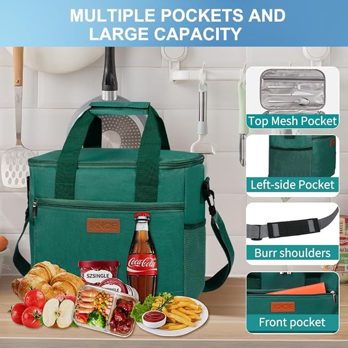 Iknoe Large Cooler Bag Collapsible 24 Can Insulated Bags Leakproof Lunch Cooler Tote with Multi-Pockets for Adult Insulated Thermal Bag for Beach, Picnic, Office Work(Blackish Green)