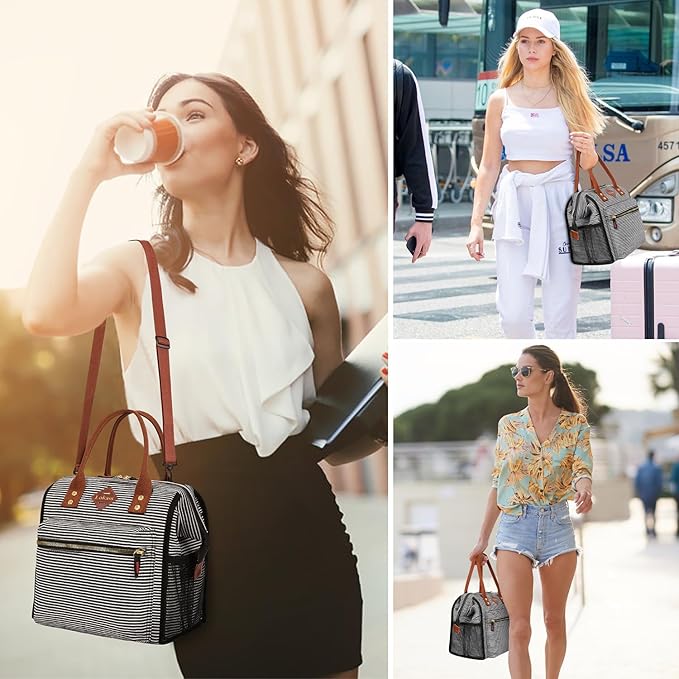 LOKASS Lunch Bag Insulated Lunch Box Wide-Open Lunch Tote Bag with Removable Shoulder Strap for Women/Men Adults Work Picnic Beach Travel(Stripes)