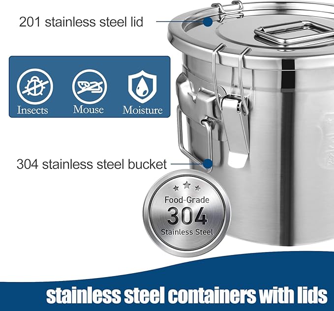 304 Stainless Steel Airtight Canister, 3.17Gal/405oz/12L Airtight Food Storage Container with Lid Lock Clips, Flour Container Metal Bucket Food Storage Container for Rice, Flour, Grain, Coffee Bean