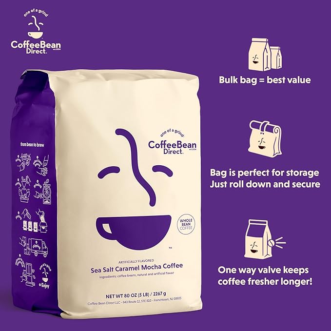 Coffee Bean Direct Sea Salt Caramel Mocha Flavored, Whole Bean Coffee, 5 Pound Bag (Pack of 1)