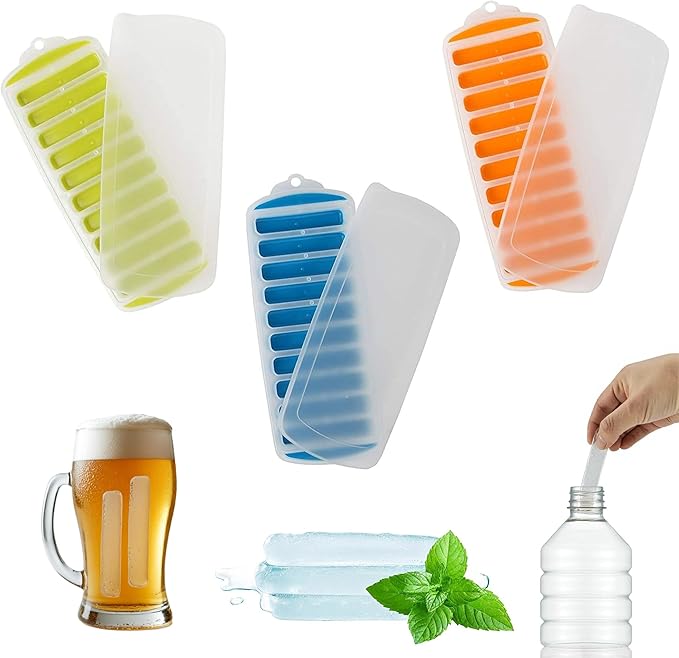 Water Bottle Silicone Ice Cube Tray by Lily's Home - 3-Piece Quick-Freeze Ice Trays with 10 Ice Cube Slots – Silicone Ice Cube Tray Set Makes 30 Ice Cubes, With Lids