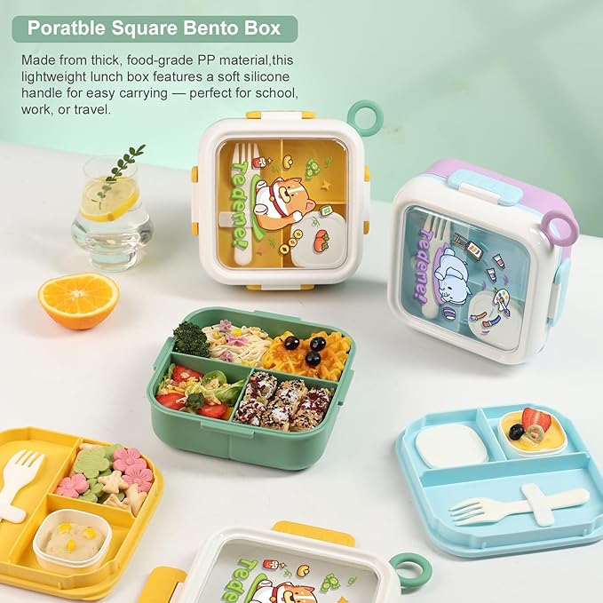 Bento Box for Kids Adults – Cute Cartoon 2-Layer Lunch Box with Fork, Sauce Cup & Brush, BPA-Free, 3-Compartment Square Snack Container with Handle for School, Office, or Travel (Purple)