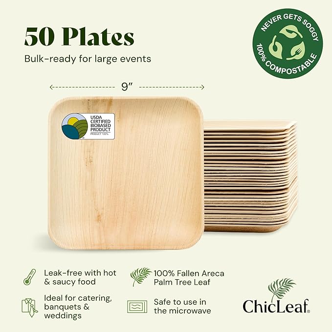 Chic Leaf Palm Leaf Bamboo Plates - 9-Inch Square, Pack of 50 - Eco-Friendly Compostable Platters - Microwave-Safe Disposable Plates - Durable Party Dishware