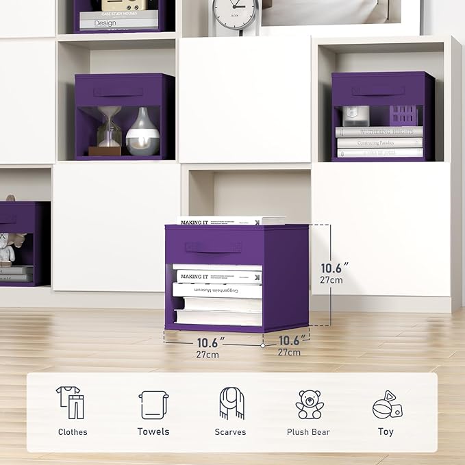 DIMJ Storage Cubes, Cube Storage Bin, 6 Pack Foldable Baskets with Window, Closet Storage Bins with Handle, 11x 11 inch Storage Cubes for Clothes, Toys, Books (Purple)