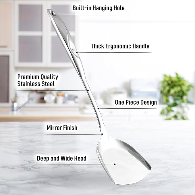 Zulay Kitchen Stainless Steel Wok Spatula - 14.8” Heat-Resistant Metal Turner for Stir-Fry, Sauté & Grilling - Durable, Rust-Proof & Dishwasher Safe Kitchen Utensil for Everyday Use