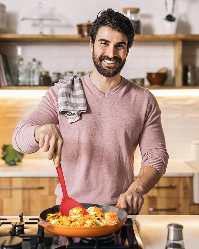 Silicone Wok Spatula Turner Set, Perfect for Scooping, Flipping, Lifting Pancakes and Picking up Veggies, BPA-Free Matte Silicone, Wooden Handles, Safe for Nonstick Cooking Surfaces (Red)