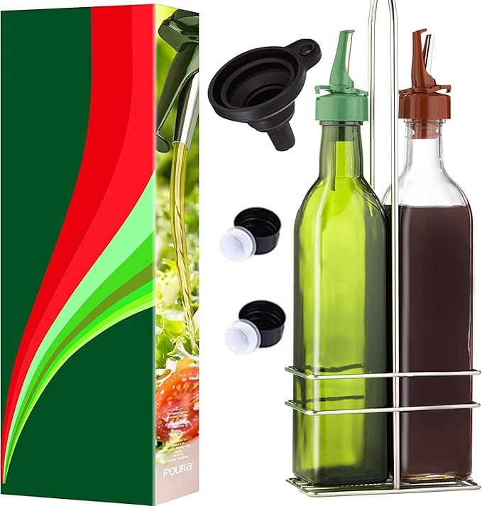 Poura Vinegar and Olive Oil Bottle Drizzler Set with ClickSeal BPA Free Pour Spouts | Glass Oil & Vinegar Dispenser Bottles for Cooking & Dining | Hygienic Covers + Silicone Decanter Funnel 500ml