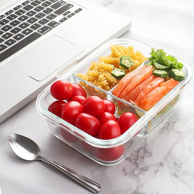 Bayco 9 Pack Glass Meal Prep Containers - 3, 2 & 1 Compartment Glass Food Storage Containers with Lids, Airtight & Leak Proof BPA-Free Lunch Bento Boxes - Grey