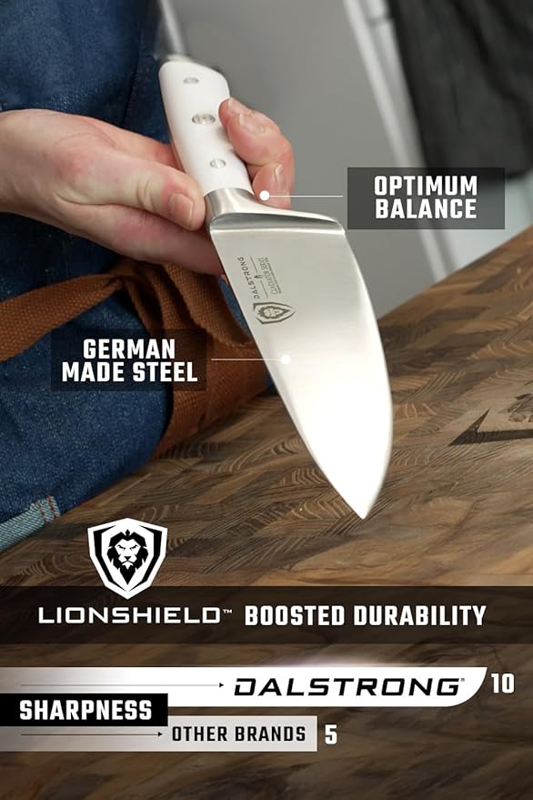 DALSTRONG Knife Set Block - 8 Piece - Gladiator Series - German High Carbon Steel Kitchen Set - Premium Food-Grade White ABS Polymer Handles - NSF Certified