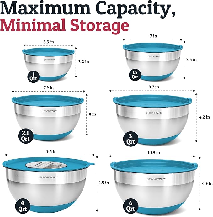 Priority Chef Stainless Steel Mixing Bowls with Lids Set - Premium 30Pcs with 6pc Metal Bowl Set for Kitchen, 3 Graters, Airtight Lids, Non-Slip Bases & Silicone Utensils, Turquoise