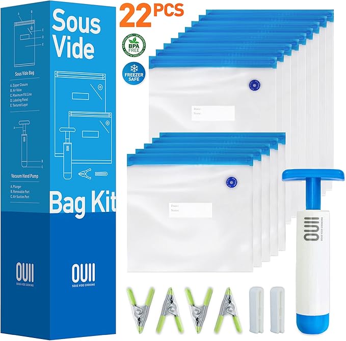 Sous Vide Bags for Joule and Anova Cookers - 15 Reusable BPA-Free Sous Vide Bags with Vacuum Hand Pump in Various Sizes -Vacuum Sealer Bags Food Storage Freezer Safe - Fits Any Sous Vide Machine