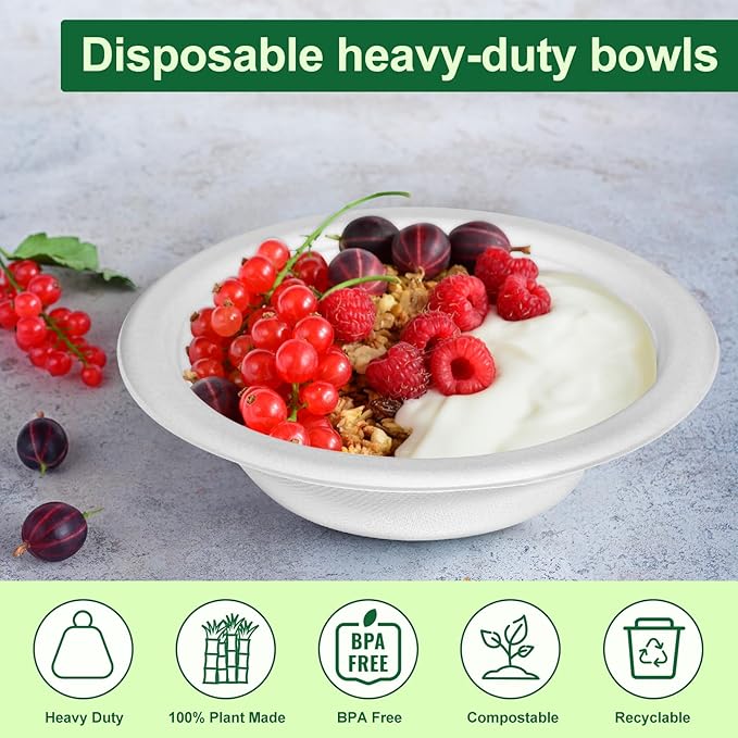 Paper Bowls 12oz, Disposable Bowls Heavy Duty, 50-Pack 100% Compostable Disposable Soup Bowl, Biodegradable Bagasse Paper Bowls Bulk for Party, Camping, Birthday, Festivals-White