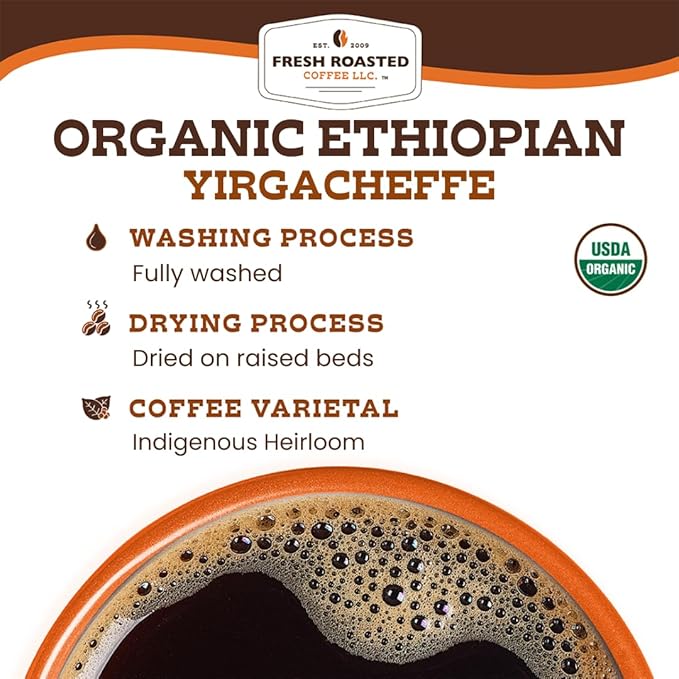 Fresh Roasted Coffee, Organic Ethiopian Yirgacheffe | USDA Organic, Kosher, 3rd Party Tested for Mold, Myco, Pesticides | 5 lb (80 oz) Whole Bean