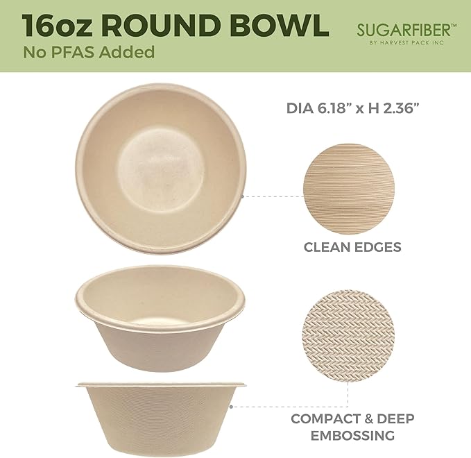 [500 Count]Harvest Pack 16oz PFAS FREE Round Paper Bowls Bulk, Compostable Heavy-Duty Eco-Friendly Disposable Bagasse Acai Bowls, Sugarcane Natural plant fibers for Meal Prep Takeout Dinnerware
