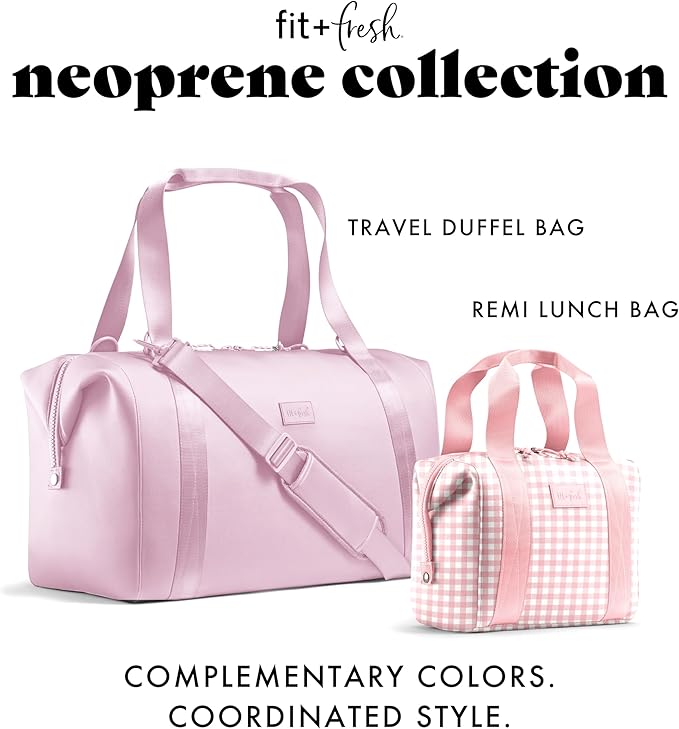 Fit & Fresh Remi Neoprene Lunch Bag For Women - Meal Prep Kit with Containers & XL Ice Pack, Self Insulating Neoprene-like Material, Machine Washable Lunch Bag, Tear & Stain-Resistant, Pink Gingham