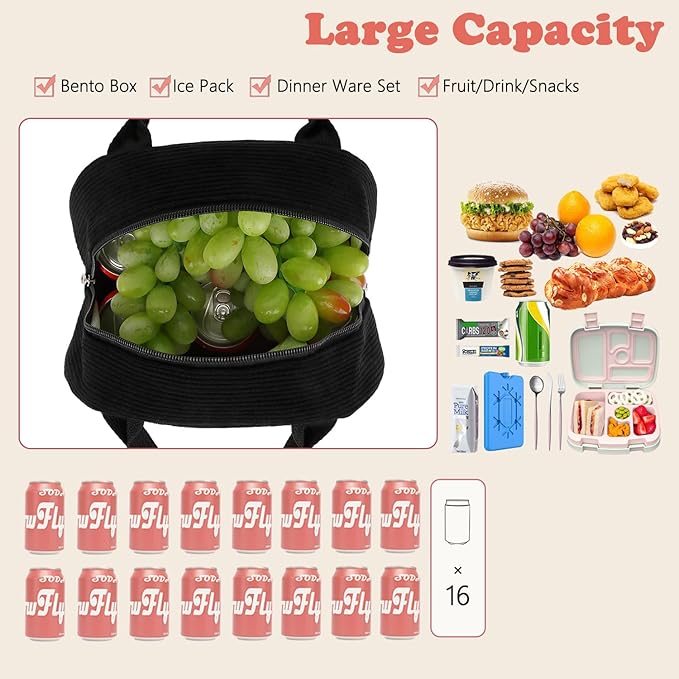 FlowFly Lunch Bag for Women Insulated Lunch Box Corduroy Lunch Tote Cooler for Travel Work Picnic,Corduroy Black