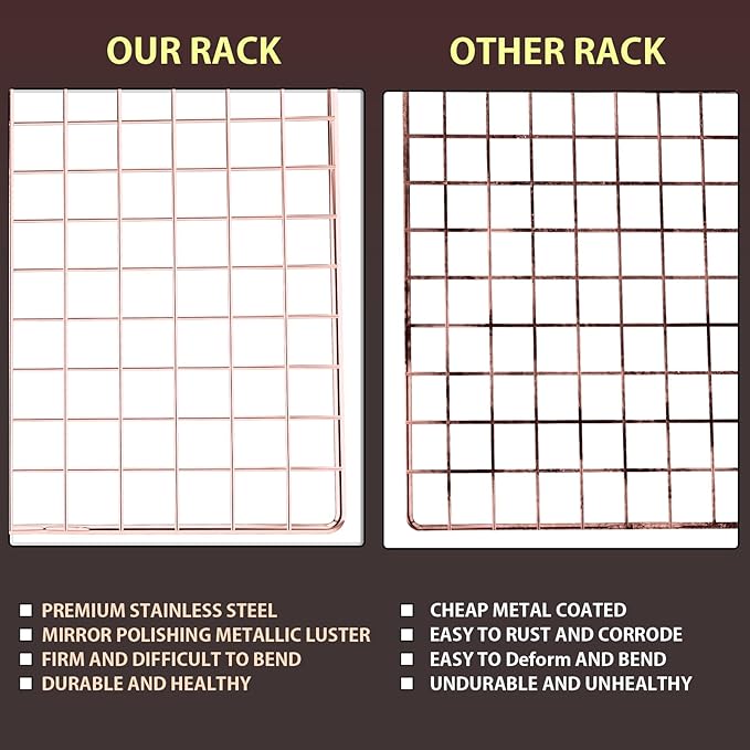Briout Cooling Rack for Baking, 2-Pack 16x10 Inches Baking Rack, Thick Wire Cookie Rack for Cooking, Roasting, Grilling, Drying, Oven Safe, Fits Half Sheet Pan, Rose Gold