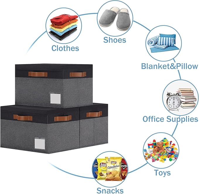 GhvyenntteS Fabric Storage Bins with Lids 3 Pack, Closet Storage Boxes with Lid and 3 Handles, Foldable Storage Baskets with Lids and Label Window for Home Office (Grey&Black, 15" x 11" x 9.7")
