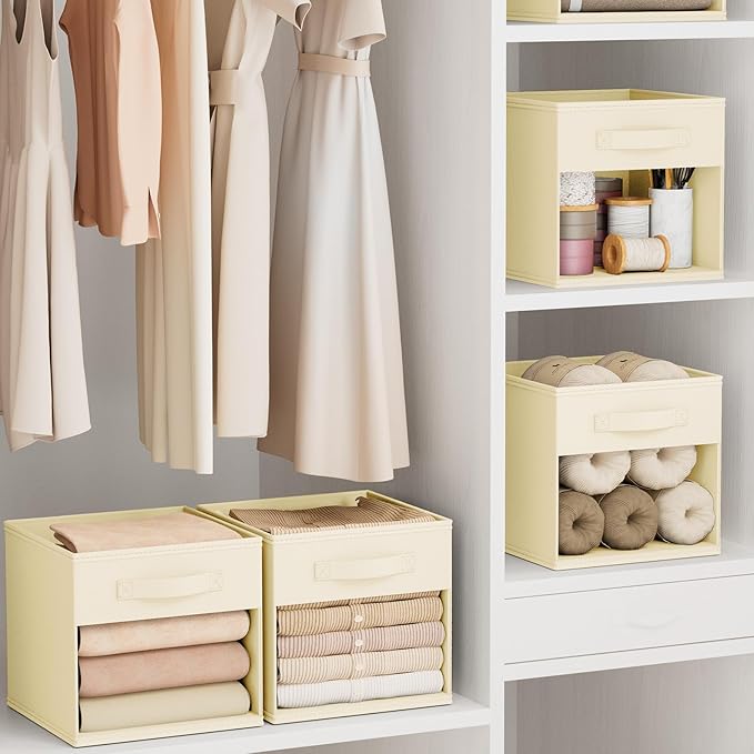 DIMJ Cube Storage Bin, 6 Packs Collapsible Storage Bins with Handles, Fabric Bins for Organization, Cube Storage Organizer Bins for Closet Organization and Storage, Beige