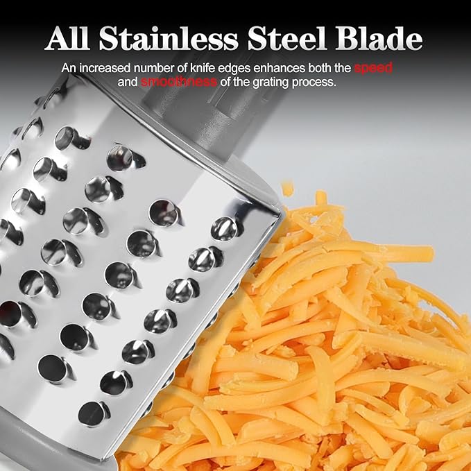 Ourokhome Rotary Cheese Grater Hand Crank, Kitchen Shredder Speed Mandolin Slicer Ice Shaver with Handle and Drum Blades for Cheese, Vegetable, Nuts, Chocolate, Potato, Carrot, 5 Blades, White