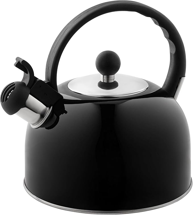 Venoly 2.5 Liter Whistling Tea Kettle - Modern Stainless Steel Whistling Tea Pot for Stovetop Hot Water Boiler with Cool Grip Ergonomic Handle (Black, 2.5 Liter)