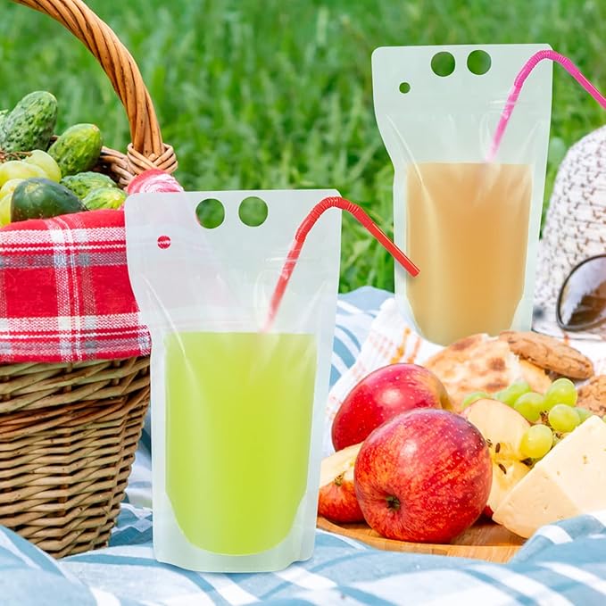 50 Pcs Drink Pouches, Juice Pouches for Adults, Reusable, Reclosable Zipper Smoothie Bags for Cold & Hot Drinks with 50 Straws & Silicone Funnel