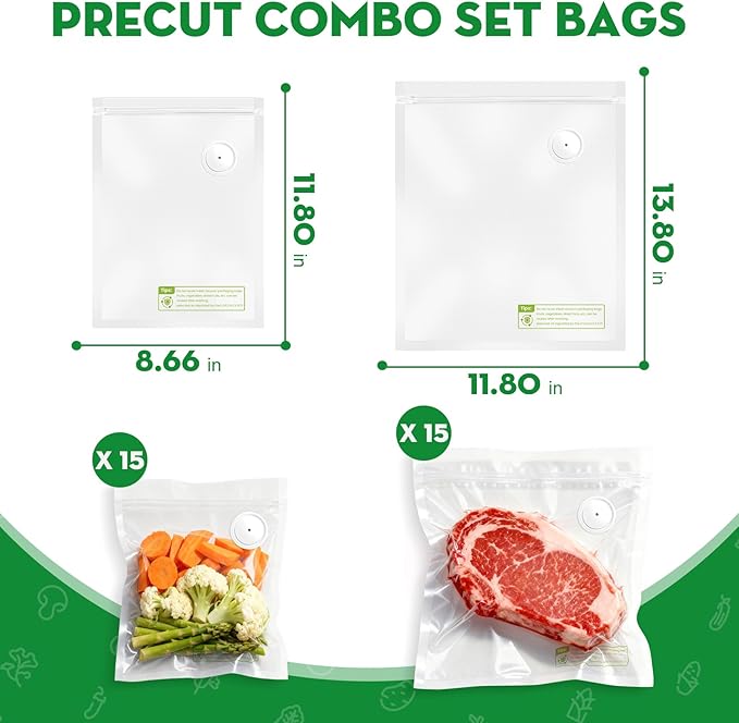 Reusable Vacuum Sealer Bags for Food, 30 BPA-Free Small (8.7 x 11.8 in, 11.8 x 13.8 in) Food Storage Bags, Freezer, Microwave, Odor-Resistant, Leak-Proof, Fit with Compact Vacuum Sealers