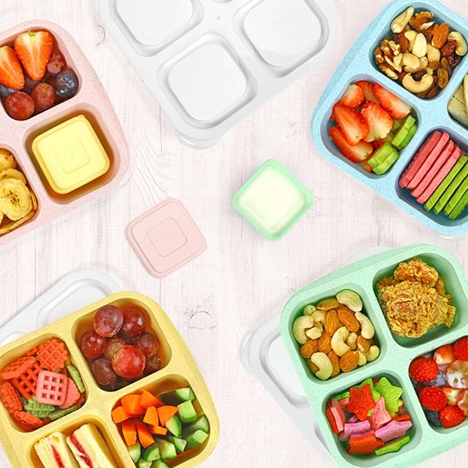 Caperci Lunchable Snack Containers - 4 Compartments Bento Snack Boxes (4 Pack) with 2 Leakproof Sauce Cups, Reusable Divided Food Containers for School, Work, Travel (Vintage Colors)