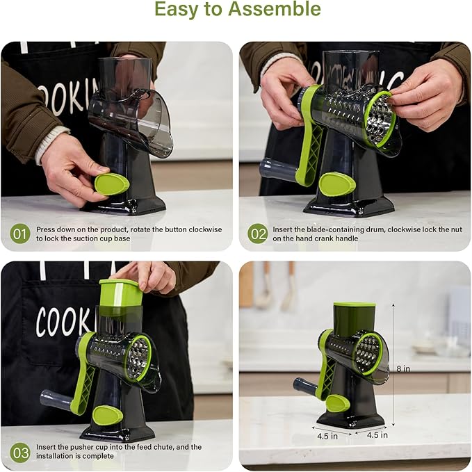 Rotary Cheese Grater hand crank, 3 Blades Cheese shredder with Stronger Suction Base | Stainless Steel Blades for Fruits, Vegetables, Nuts. Easy to Clean, Transparent Black & Green