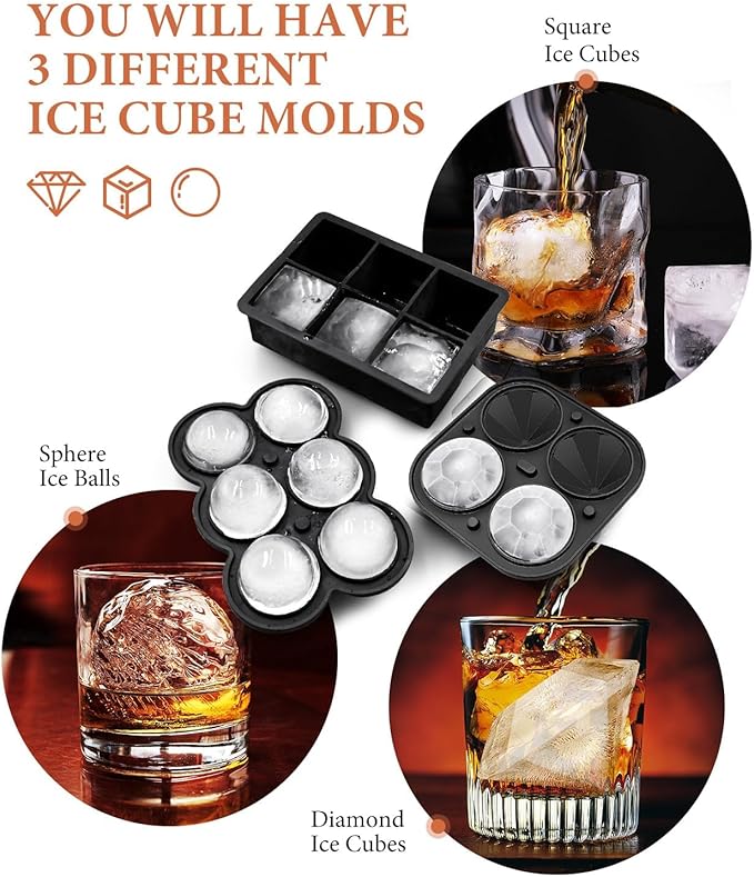 Dclobtop Ice Cube Trays, Silicone Ice Cube Molds for Freezer with Lid (Set of 3), 6 Ball Ice Cube Tray, 4 Diamond & 21-Ice Trays, Reusable Whiskey Ice Mold, DIY, BPA Free, Freezer
