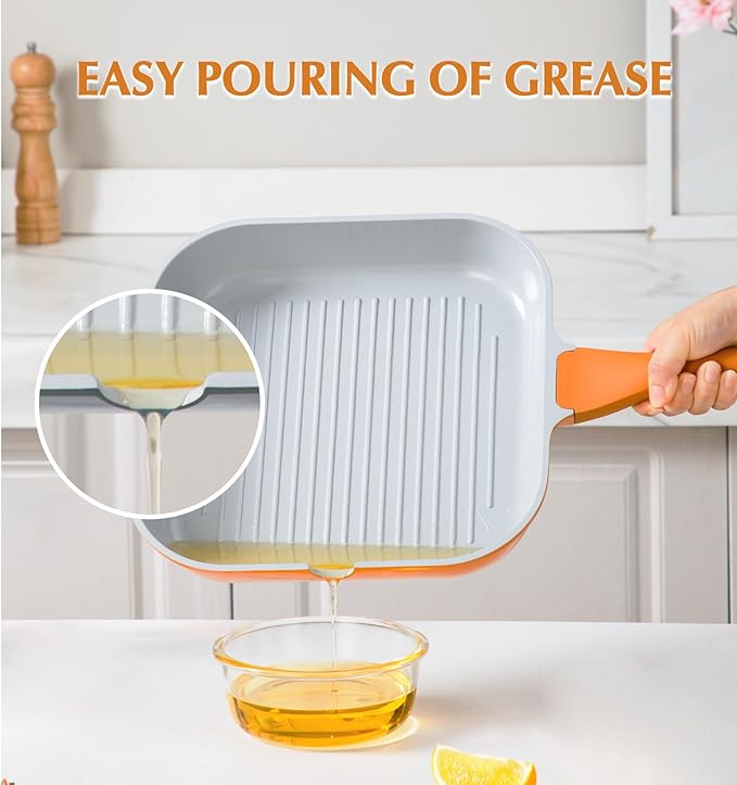 KOCH SYSTEME CS 9.5 Inch Nonstick Grill Pan for Stove Tops, Square Griddle Pan with Pour Spouts, Grill Pan for Indoor Cooking, Grill Skillet with Bakelite Handle, PTFE & PFOA Free, Orange