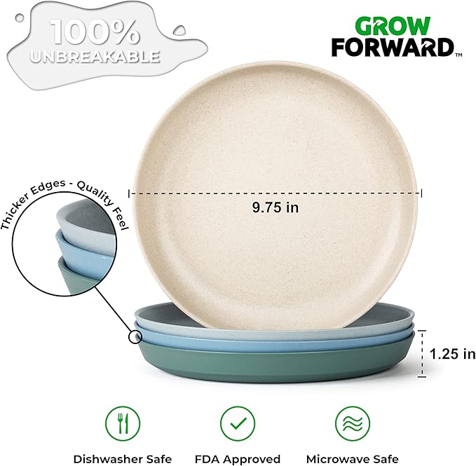 Grow Forward Premium Wheat Straw Plates and Bowls Sets - 8-Piece Wheat Straw Dinnerware Sets - Unbreakable & Reusable Microwave Safe Plastic Dinner Plates for Outdoors, RV, Camping Dishes - Oasis
