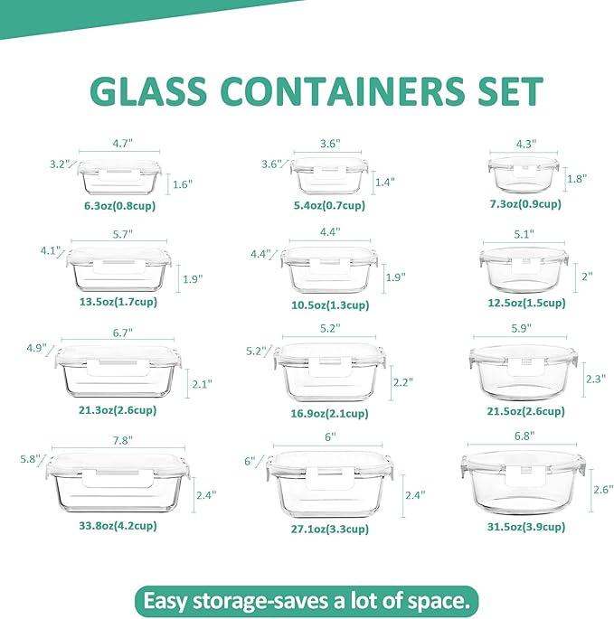 KOMUEE 24 Pieces Glass Food Storage Containers Set,Glass Meal Prep Containers-Stackable Airtight Glass Storage Containers with lids,Freezer, Microwave, Oven Safe,White