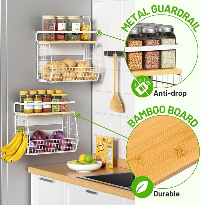 Ofiray-home Magnetic Fridge Shelf with Wood Lid, Fruit Potato Onion Storage Bins, Pantry Organizers, Large Container Spice Rack for Refrigerator, Kitchen Counter, Cabinet (2, White)