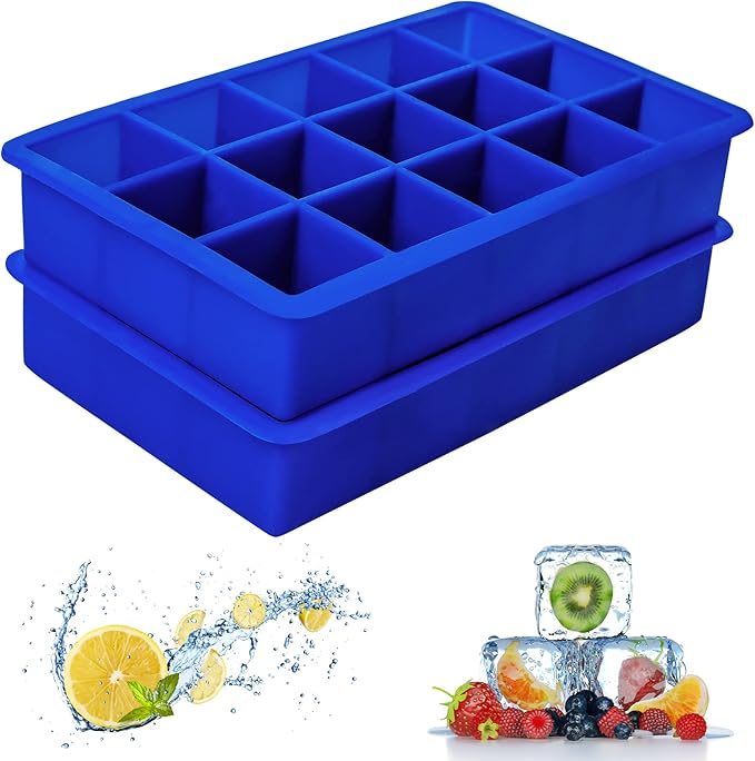 OZERA 2 Pack Silicone Ice Cube Tray, Ice Cube Trays Molds, Large Ice Cube Tray for Whiskey, Easy Release Flexible Ice Cube Molds 15 Ice Cubes for Cocktail, Blue