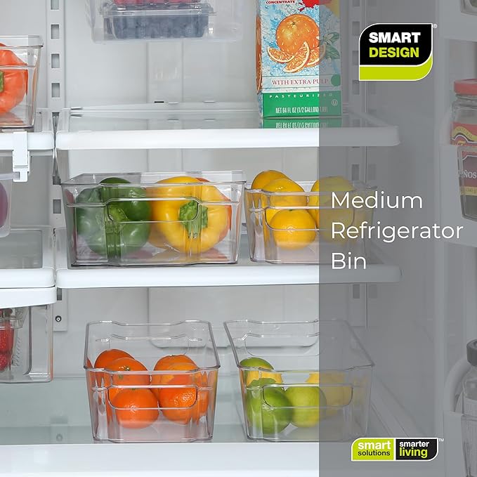 Smart Design Stackable Set of 4 Refrigerator Bins with Handle - 6 x 12 Inch - BPA Free Plastic - Fridge, Freezer, Pantry Organizer, Cabinet Storage, Food, Produce, Fruit Containers - Kitchen - Clear