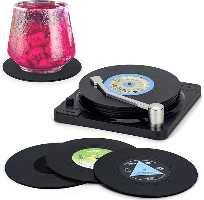 Valdivia Retro Vinyl Record Coasters with Player, 6PCS Music Coasters for Drinks, Home and Coffee Table Decor, Housewarming Gifts New Home Apartment Gifts for Music Lovers, Birthday Gifts for Men