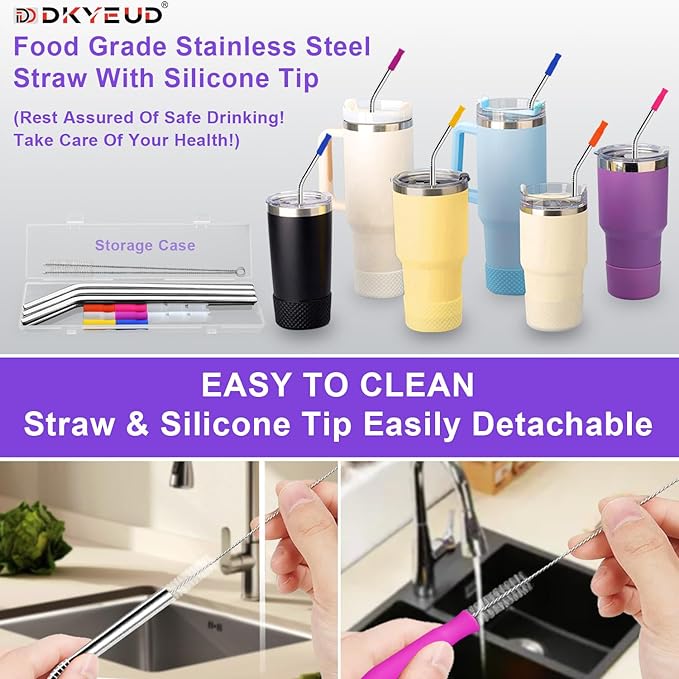 Newly Upgraded 10.5In Bent Metal Straws Reusable Set 6 PCS with 12 Silicone Accessories, 2 Straw Brush, 1 Storage Case, BPA Free, Eco-Friendly Stainless Steel Straws for 14, 20, 30,40 oz Tumbler