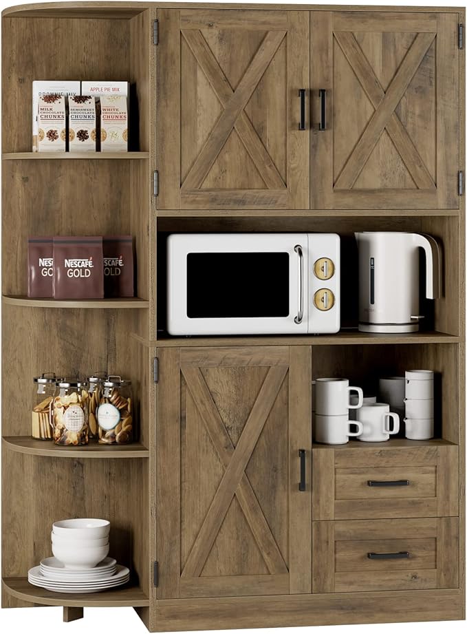 HOSTACK 60.4" Farmhouse Kitchen Pantry Storage Cabinet, Freestanding Hutch with Doors & Shelves, Buffet Sideboard with Microwave Stand, Coffee Bar with Drawers, Cupboard for Dining Room, Rustic Brown