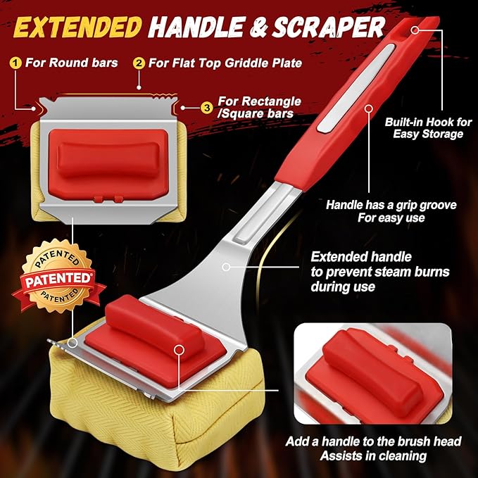 Steam Safe Grill Cleaning Brush Bristle Free for Outdoor Grill with 15" Extended Handle, 3X Thick Aramid Fabric Replaceable Brush Heads, Heavy Duty Triple-Groove Scraper Design for All Grates, Red