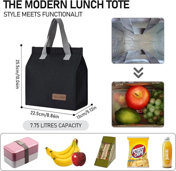 TELLUMO Lunch bag, Insulated Lunch Bag for Women Men Large Lunch Box Container Reusable Leakproof Tote for Office, Work, School, Beach or Travel (Black)