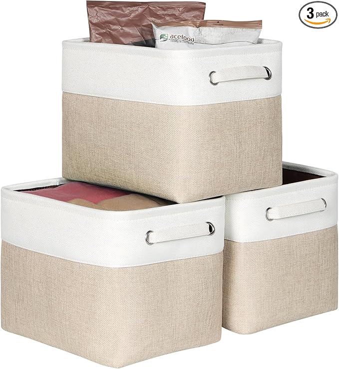 Kntiwiwo Foldable Storage Bin Collapsible Fabric Storage Basket Cube with Durable Handles Closet Organizer Bins for Organizing Shelves Drawers, Set of 3, 12" x 10" x 9.5", Beige