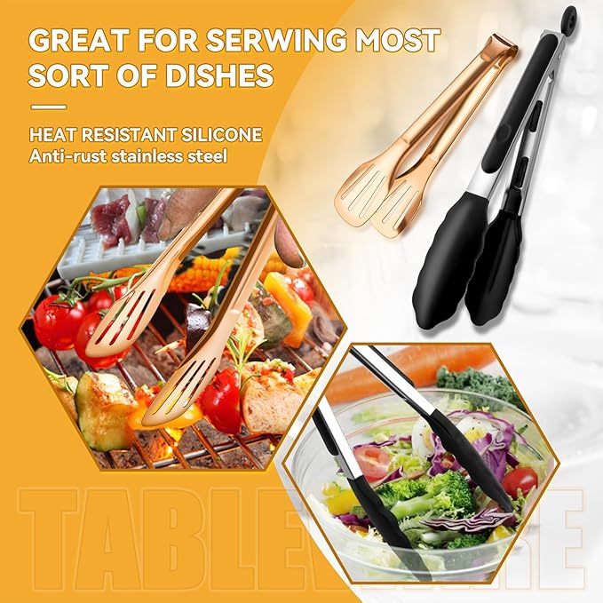 Rose Gold Serving Utensils Set Stainless Steel, Large Metal Serving Spoons, Slotted Spoons, Forks, Tongs, Soup and Skimmer Spoon, Cake Server serveware for Partie, Buffet, Catering, Entertaining 15pcs