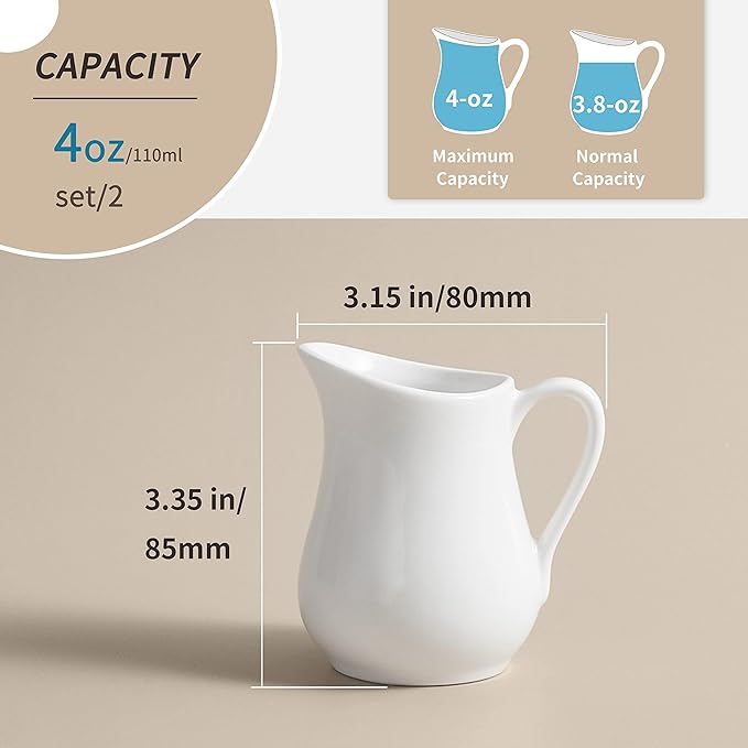 Gurygo 2 Pack 4 Oz Classic White Ceramic Small Creamer Pitcher with Handle- Fine Porcelain Small Milk Pitcher - Ceramic Creamer Container for Coffee Milk Sauces Salad, Microwave & Freezer Safe